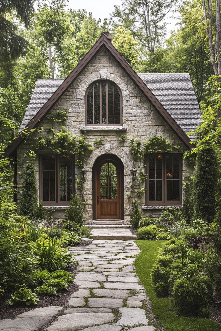 Stone cottage with lush greenery