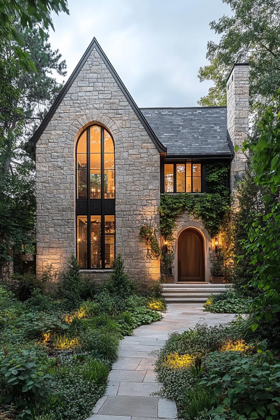 Charming stone cottage illuminated from within at dusk