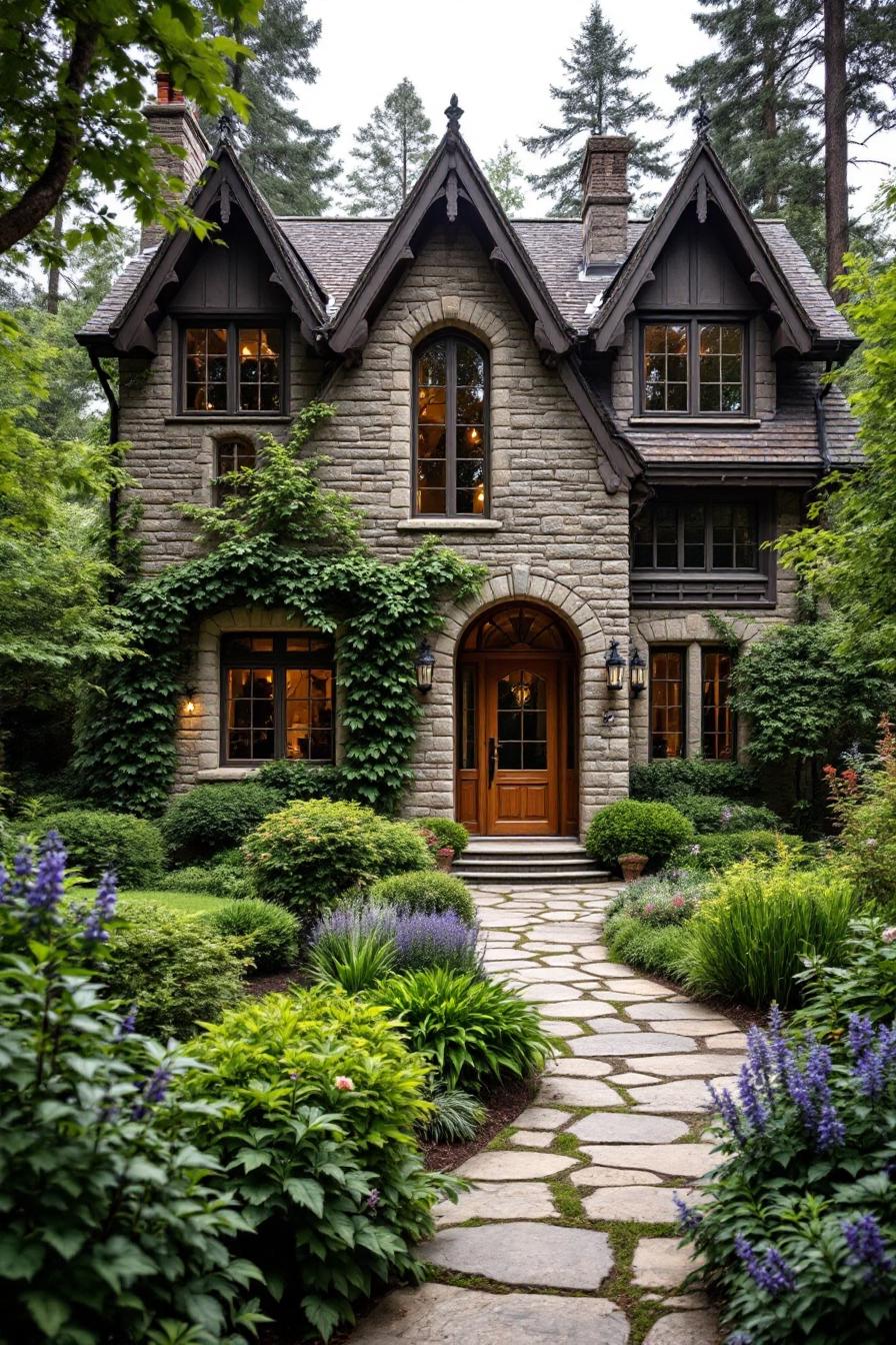 Stone cottage with ivy-covered facade