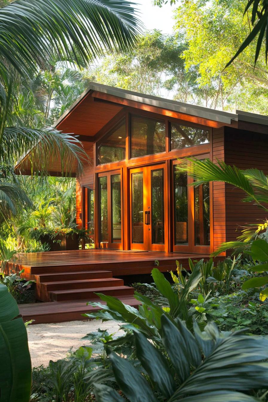 Wooden cottage surrounded by lush tropical greenery