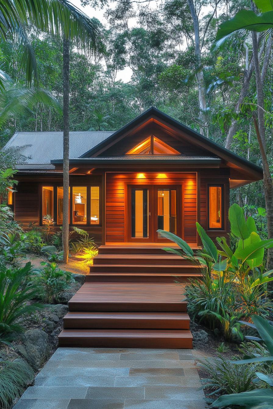 Warmly lit cottage nestled in lush greenery