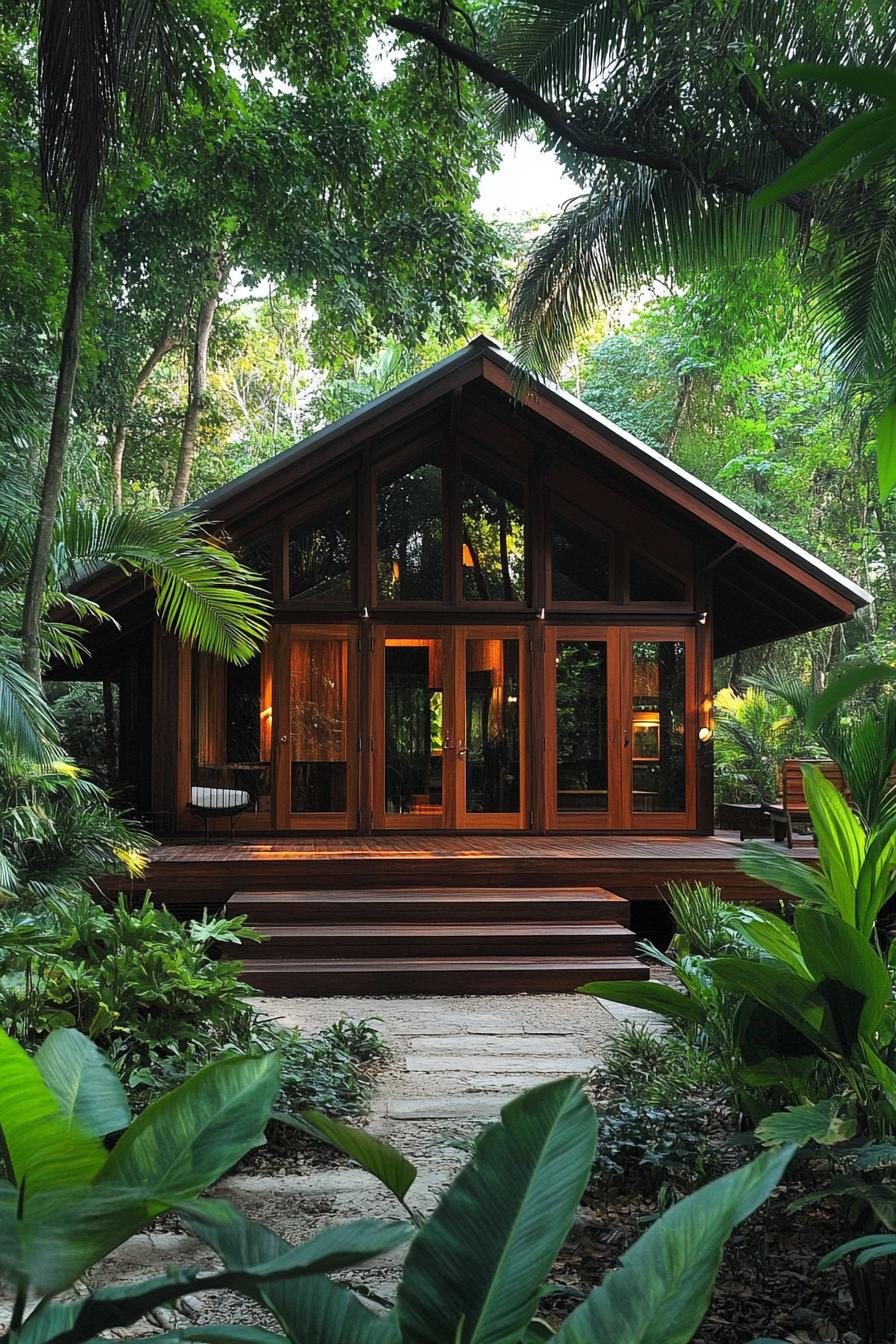 A-Frame cottage surrounded by lush greenery