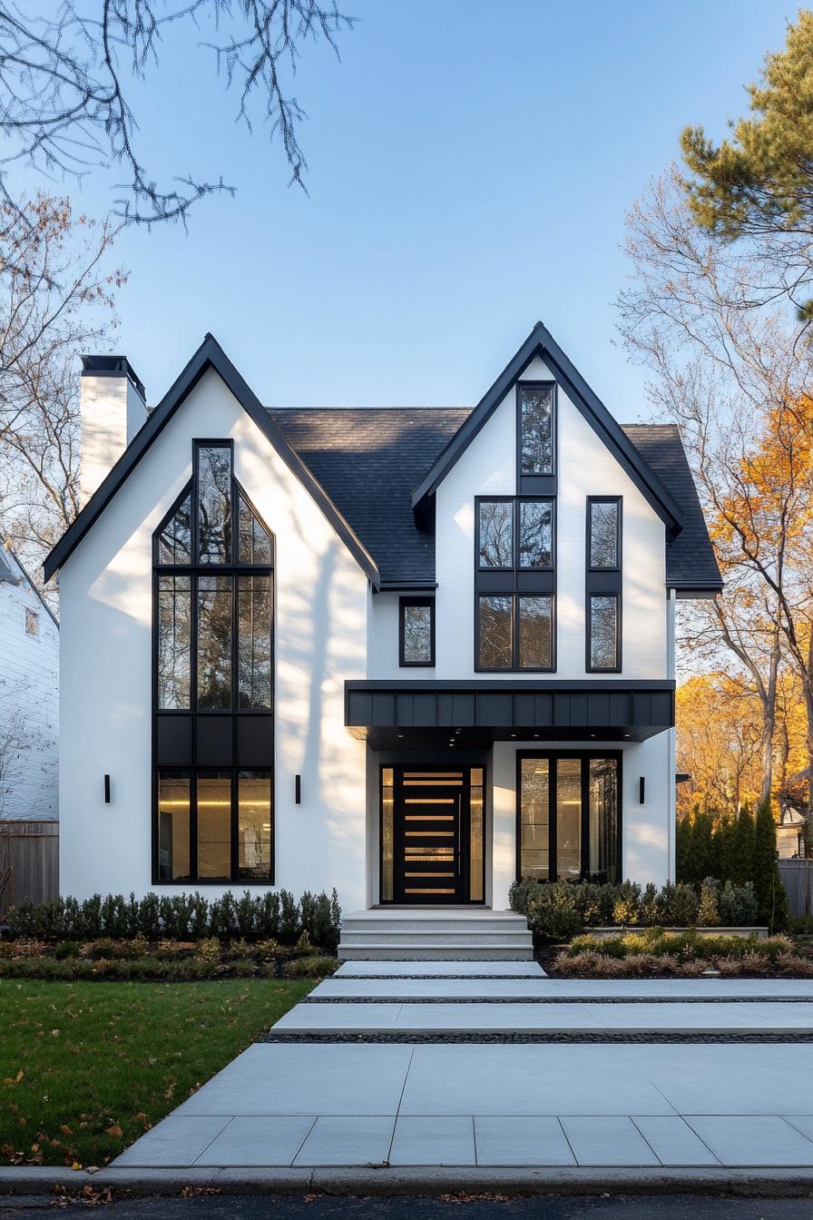 Contemporary white house with black trim gable and dormer roofline on two story facade sections of white siding sections of black panel accents 3