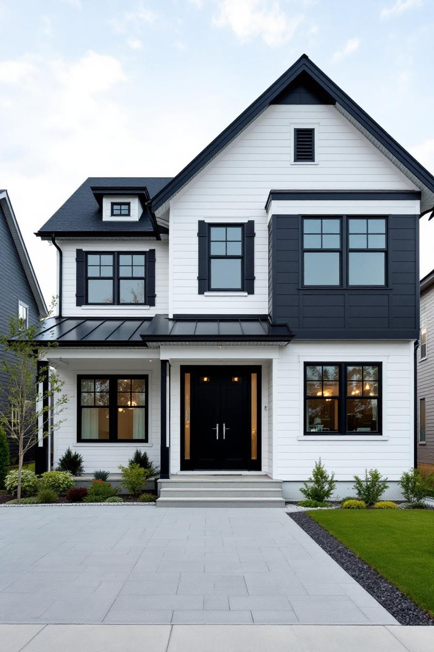 A bright house featuring stark black trims