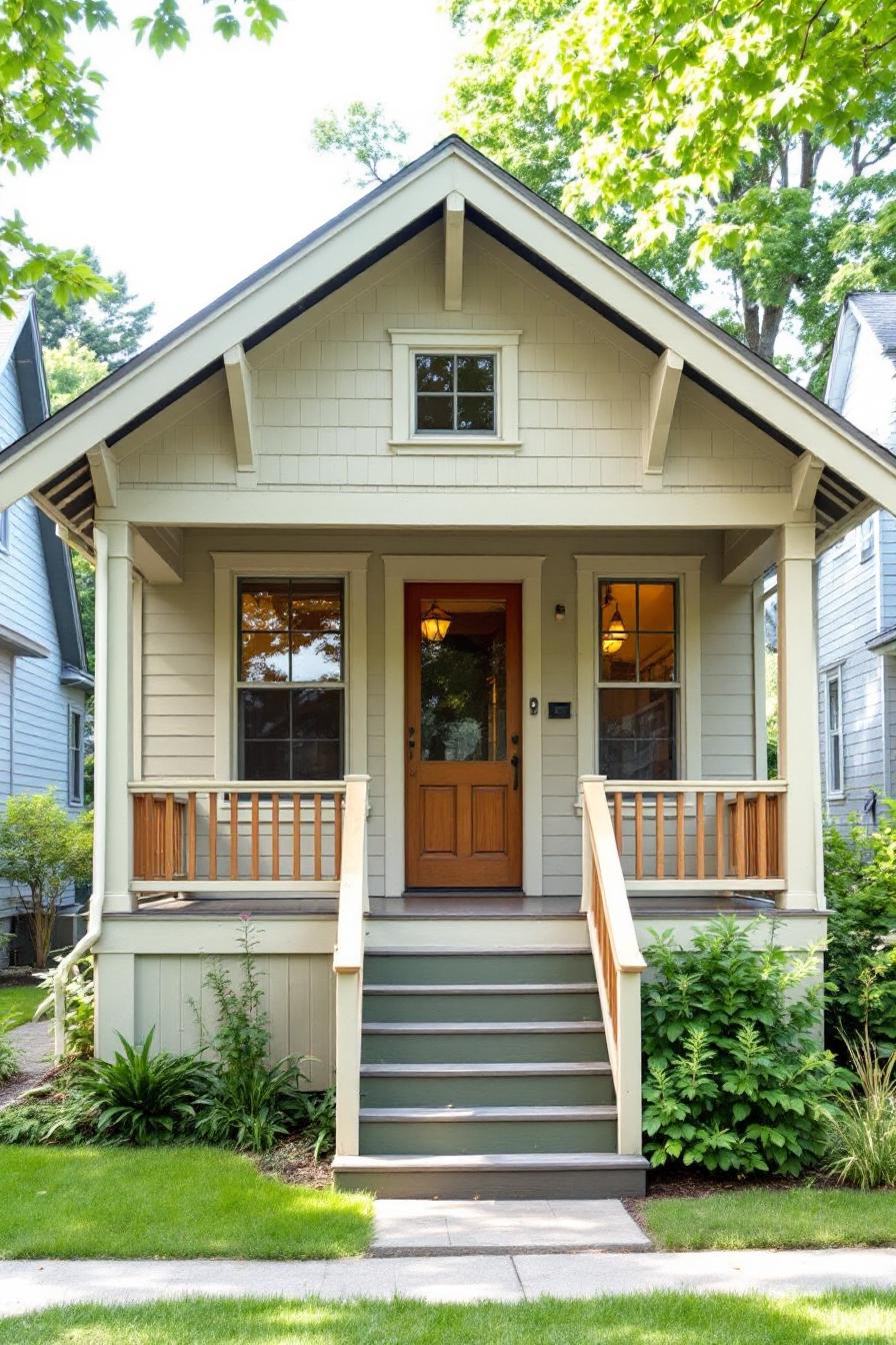 Charming Craftsman cottage entrance with lush greenery