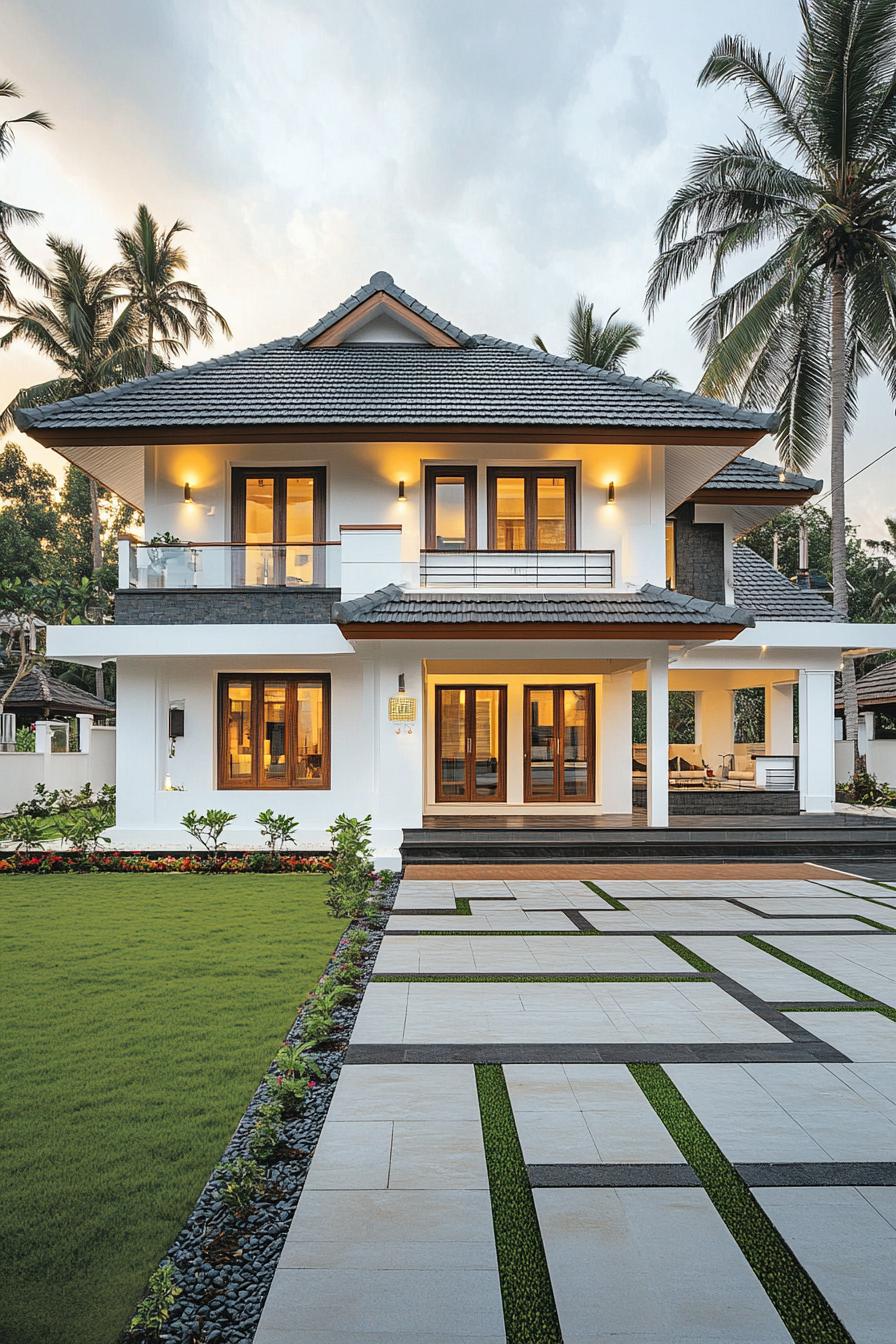 Kerala style house symmetrical two story facade white plastered exterior with stone tile accents gable roof with dark gray shingles large 1