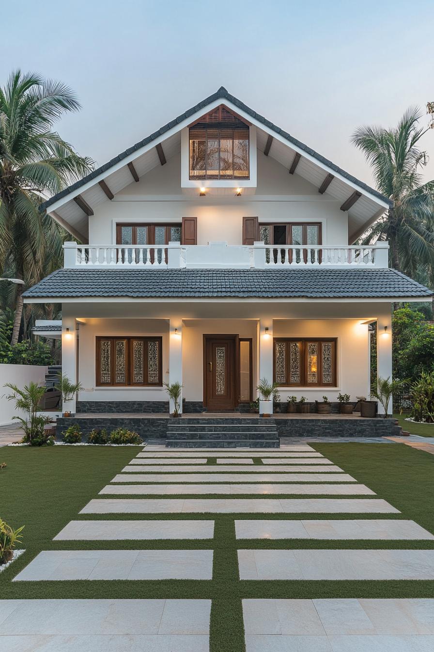 Charming Kerala house framed by lush palm trees