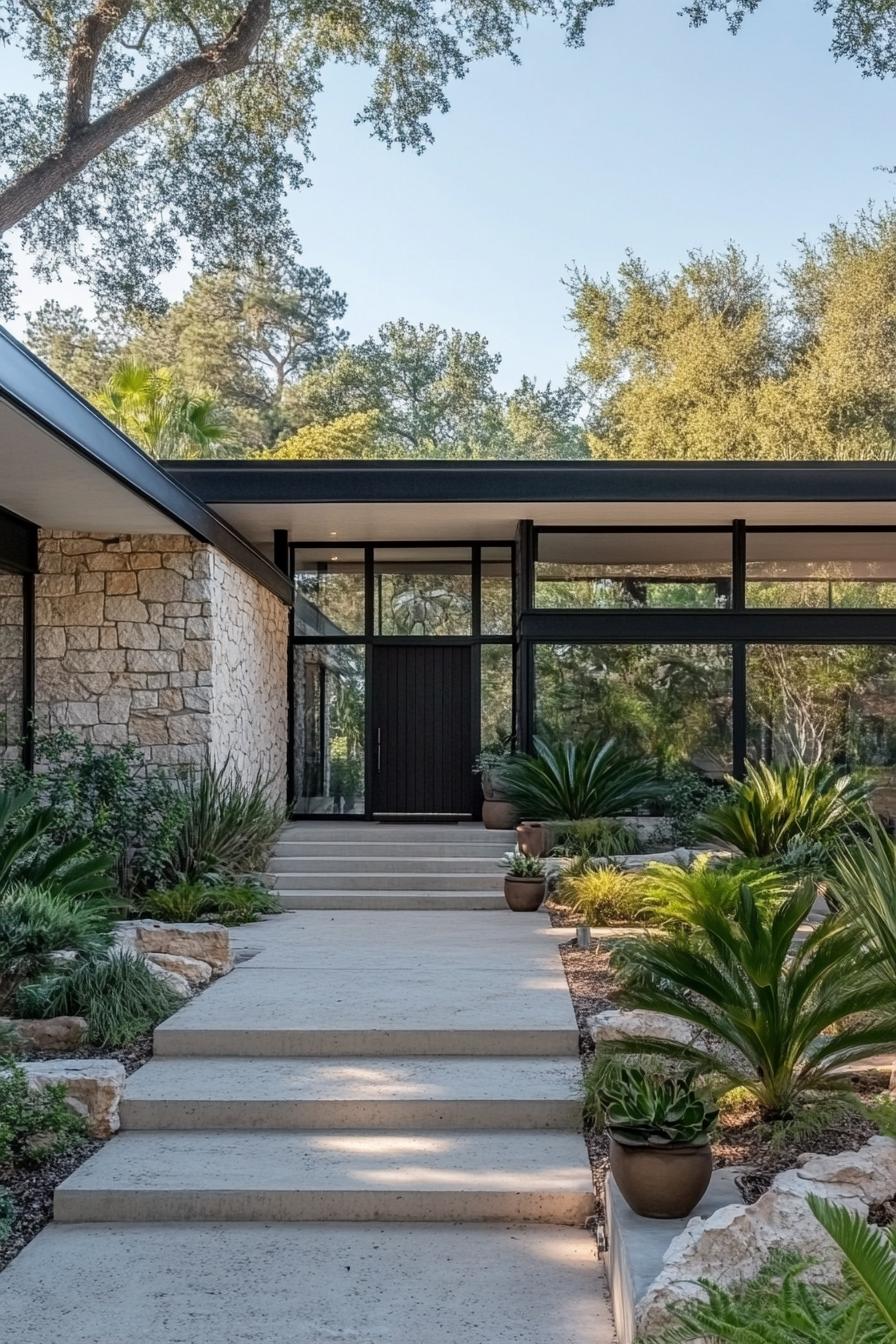 Front entrance of a mid-century modern house with lush greenery