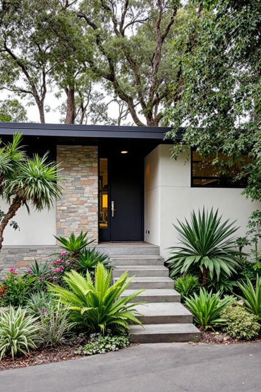 Modern house with sleek entrance and lush greenery