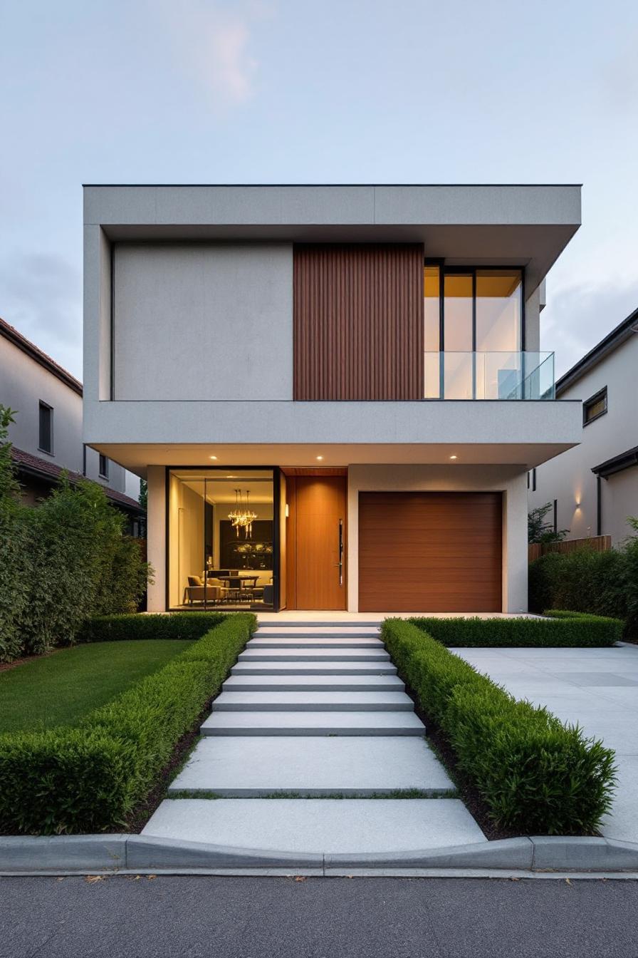 Modern two-story house with large windows and sleek design