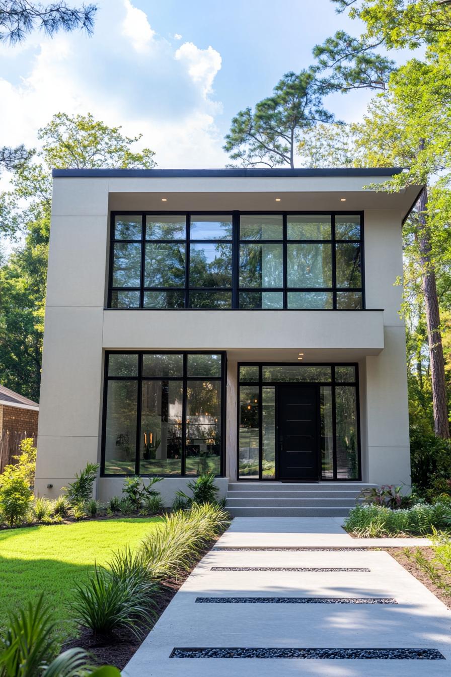 Modern house with large glass windows and a lush garden