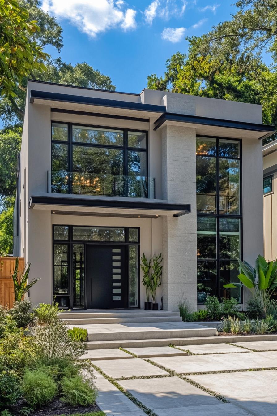 Two-story modern minimalist house with large glass windows and lush greenery