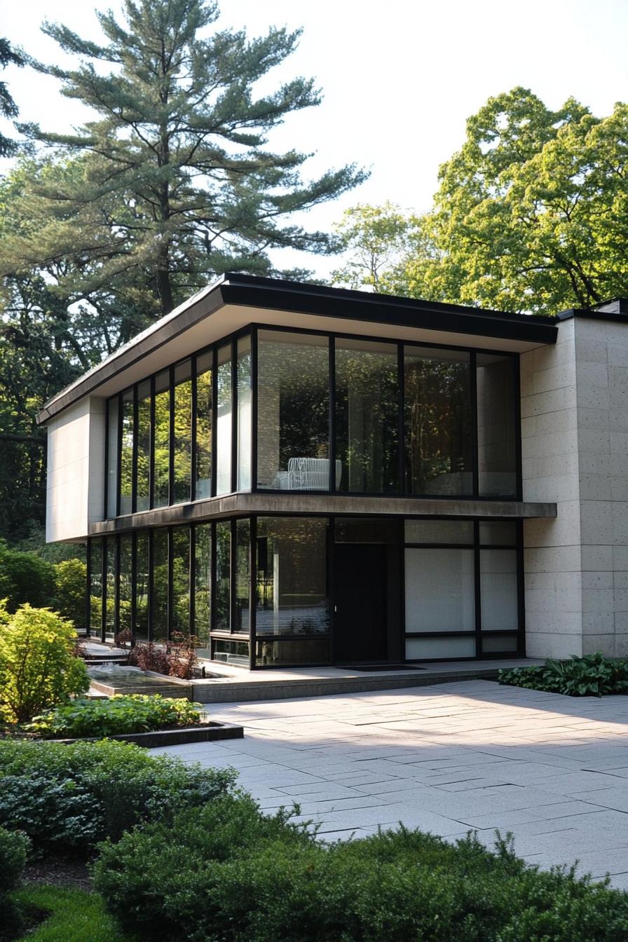 Modern glass-front house in a lush garden setting