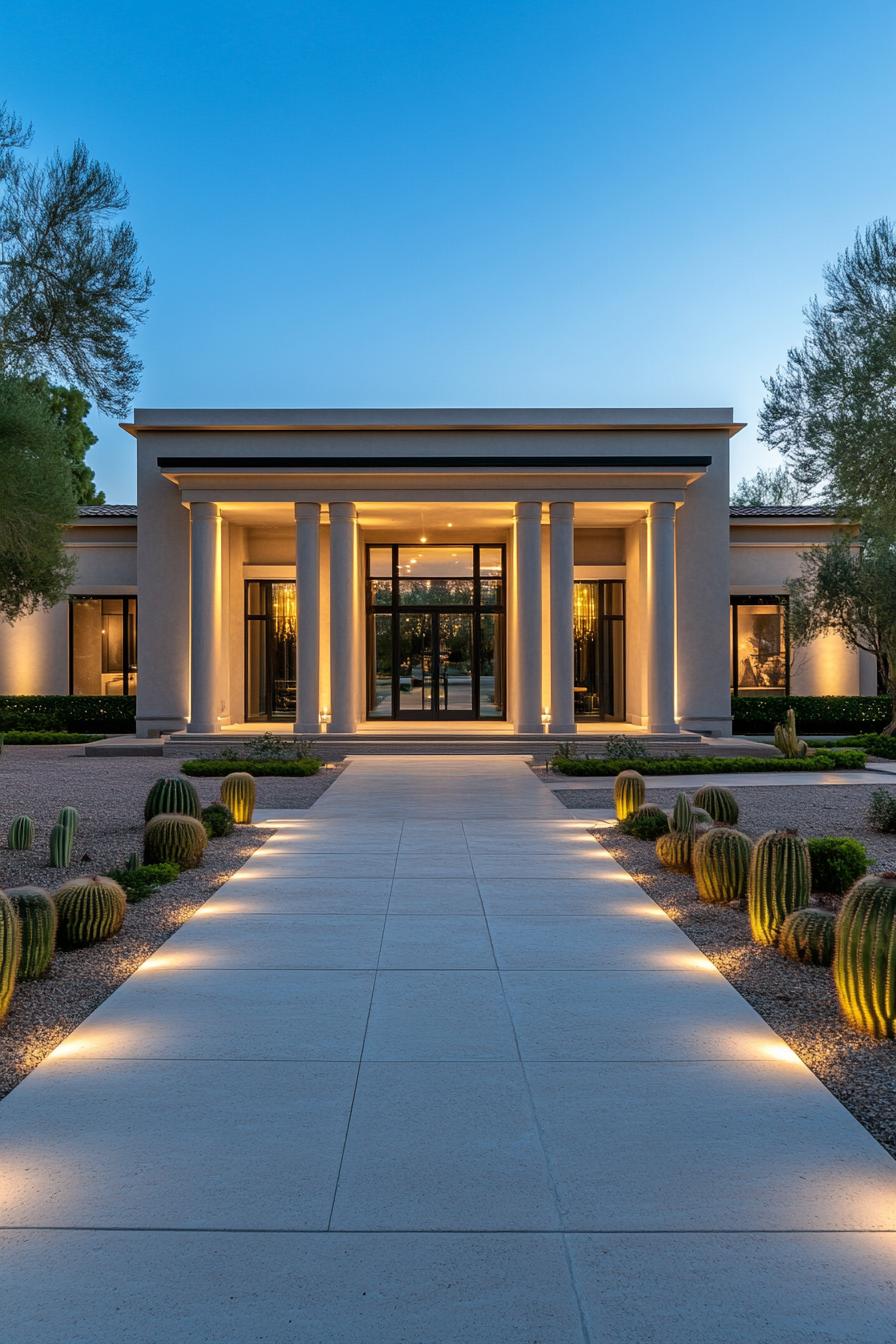 Modern villa entrance with prominent columns and subtle lighting