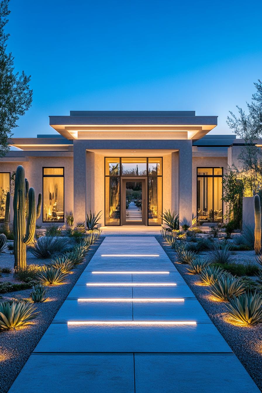 Lit path leads to modern villa entrance flanked by cacti