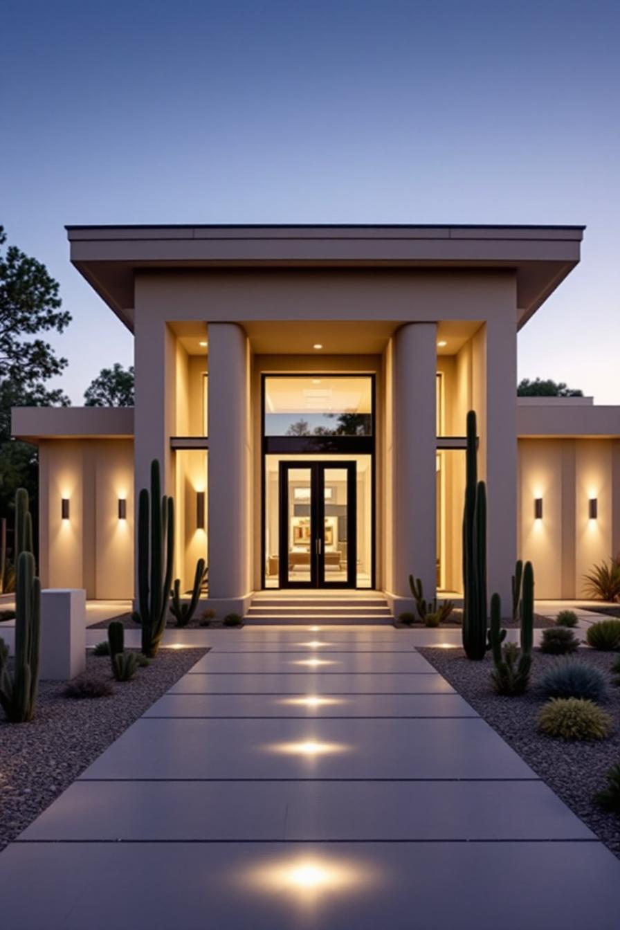 Modern villa facade with pathway lights