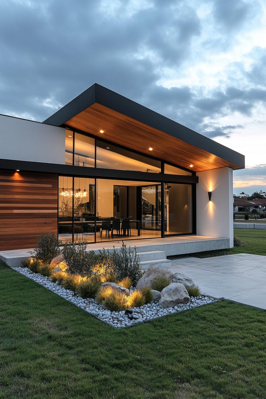 Modern house with striking skillion roof at dusk