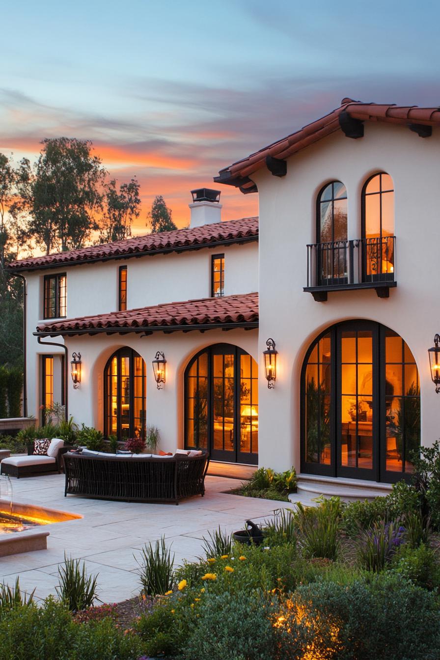 Spanish-style cottage with glowing windows at sunset