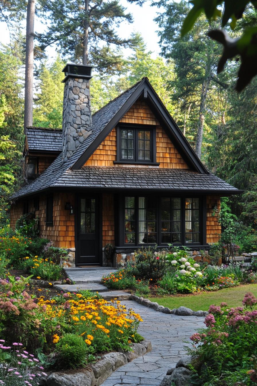 Charming cottage with stone chimney amidst lush garden