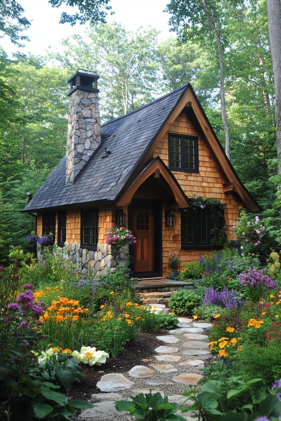 Charming cottage with stone chimney surrounded by vibrant flowers