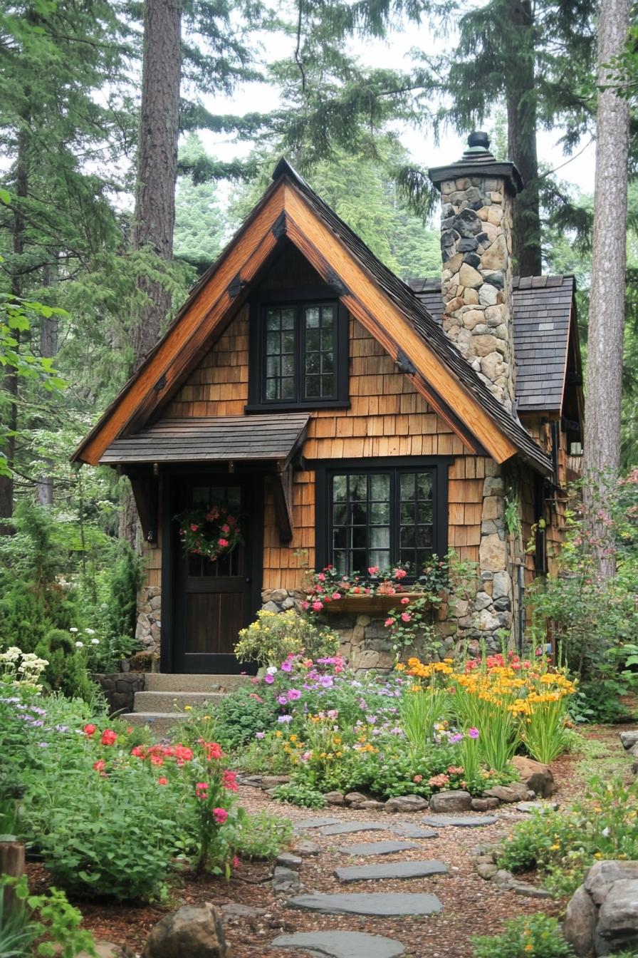 Tiny cottage surrounded by lush greenery and vibrant flowers