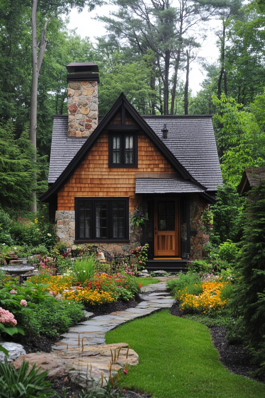 Charming cottage with a stone chimney surrounded by vibrant flowers