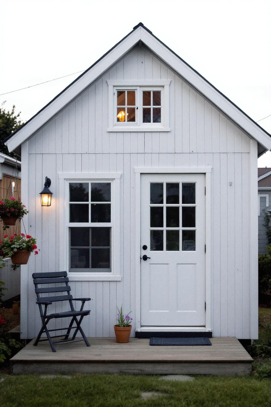 Compact white cottage with a small porch and chair