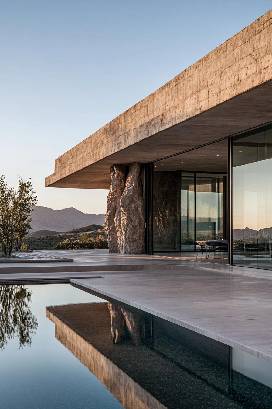 Modern house with rocky design and reflecting pool