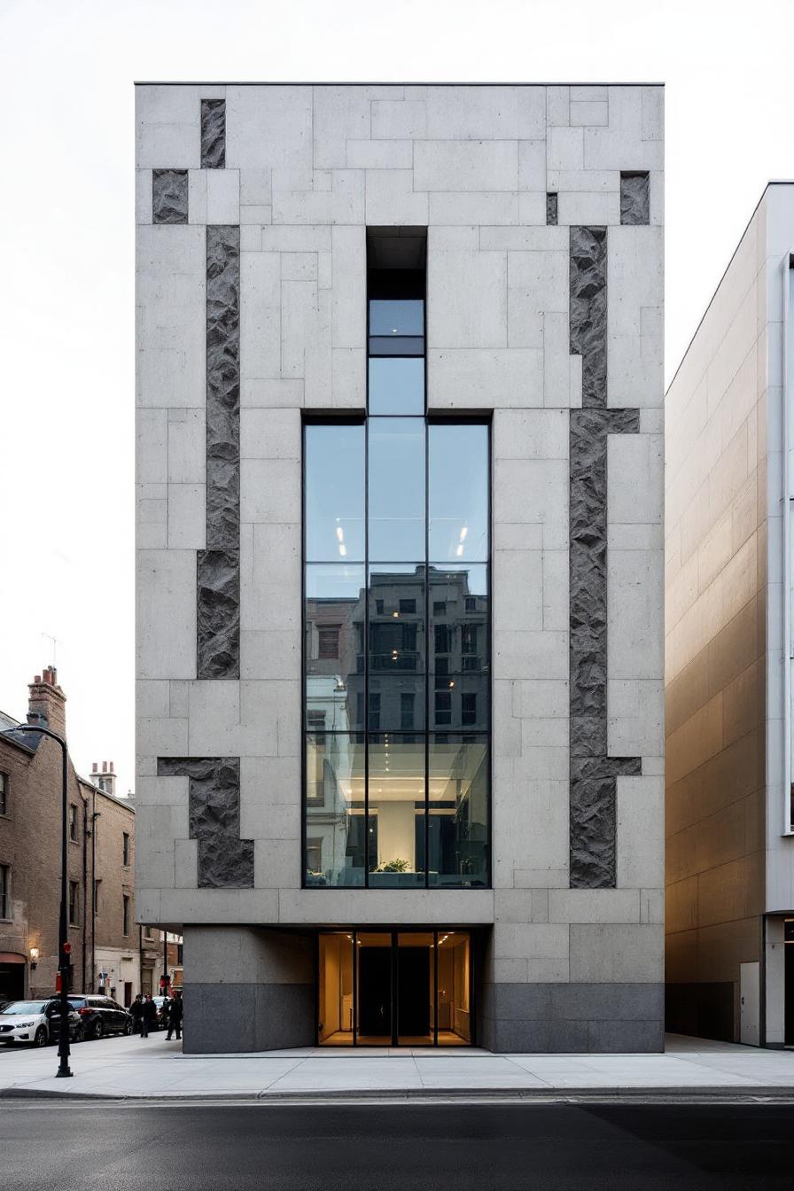 Modern building facade with vertical glass section and textured stone patterns