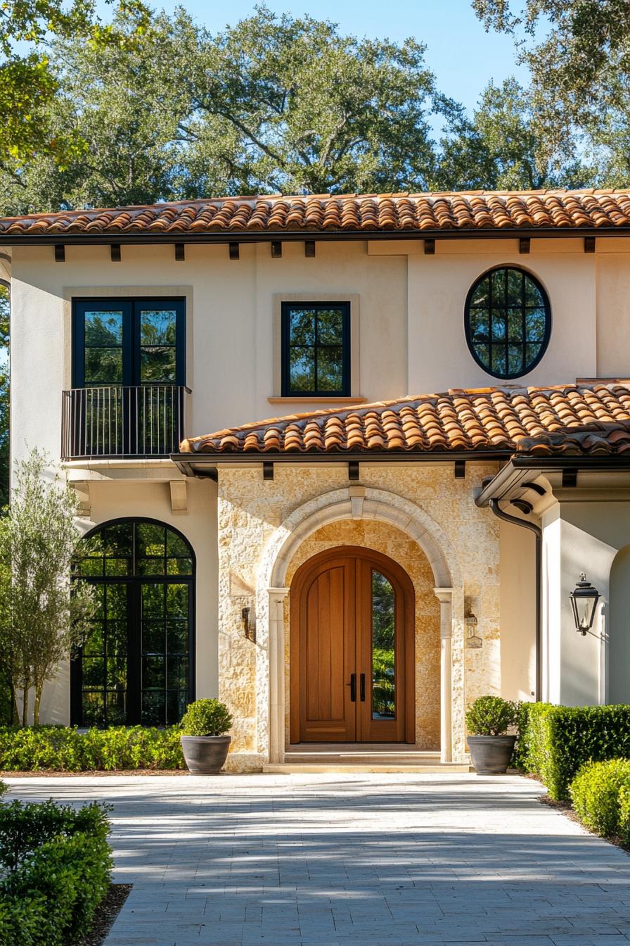 Modern Italian villa with arched stone entry