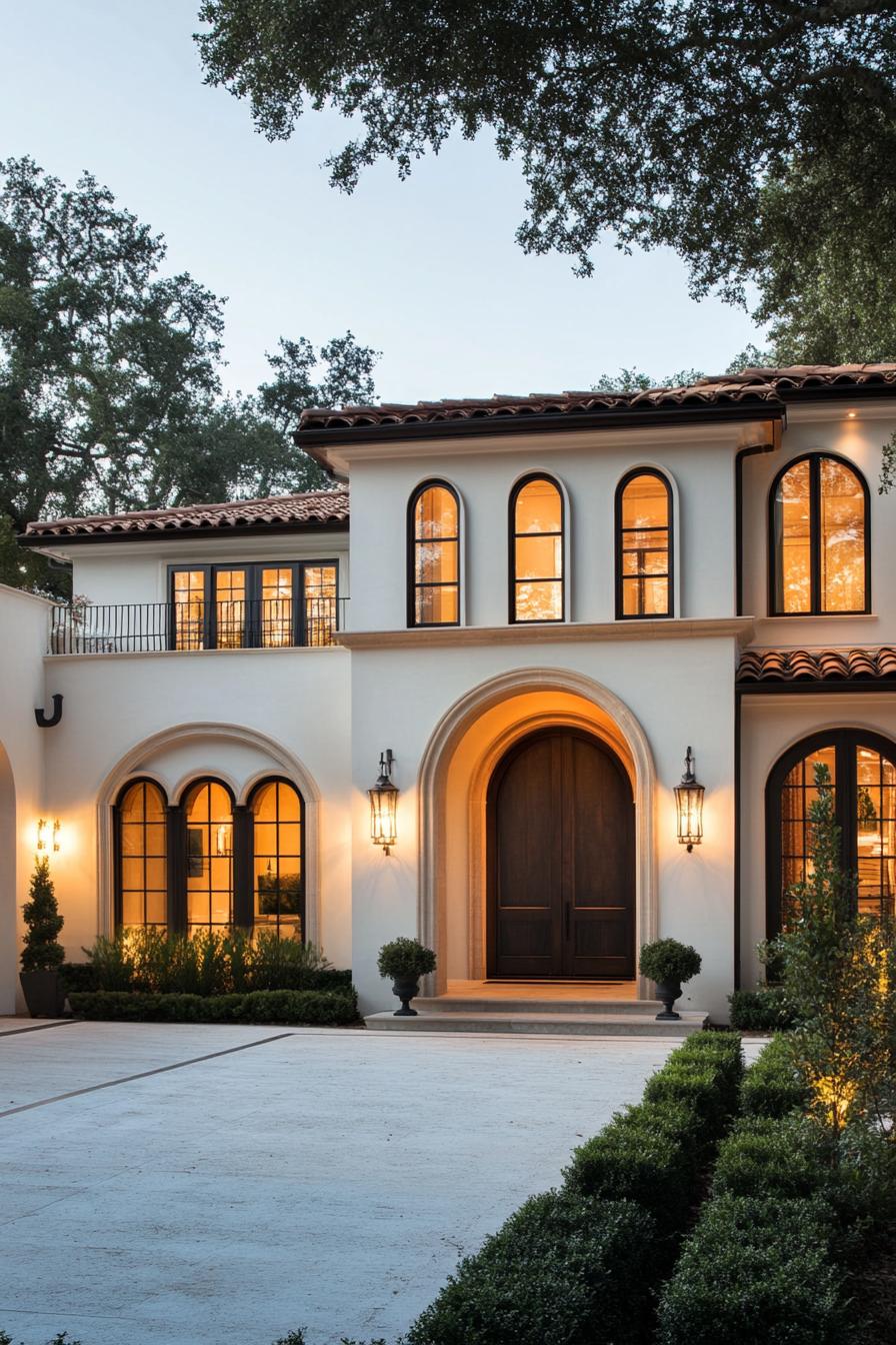 Vinous facade with arched windows and warm lighting