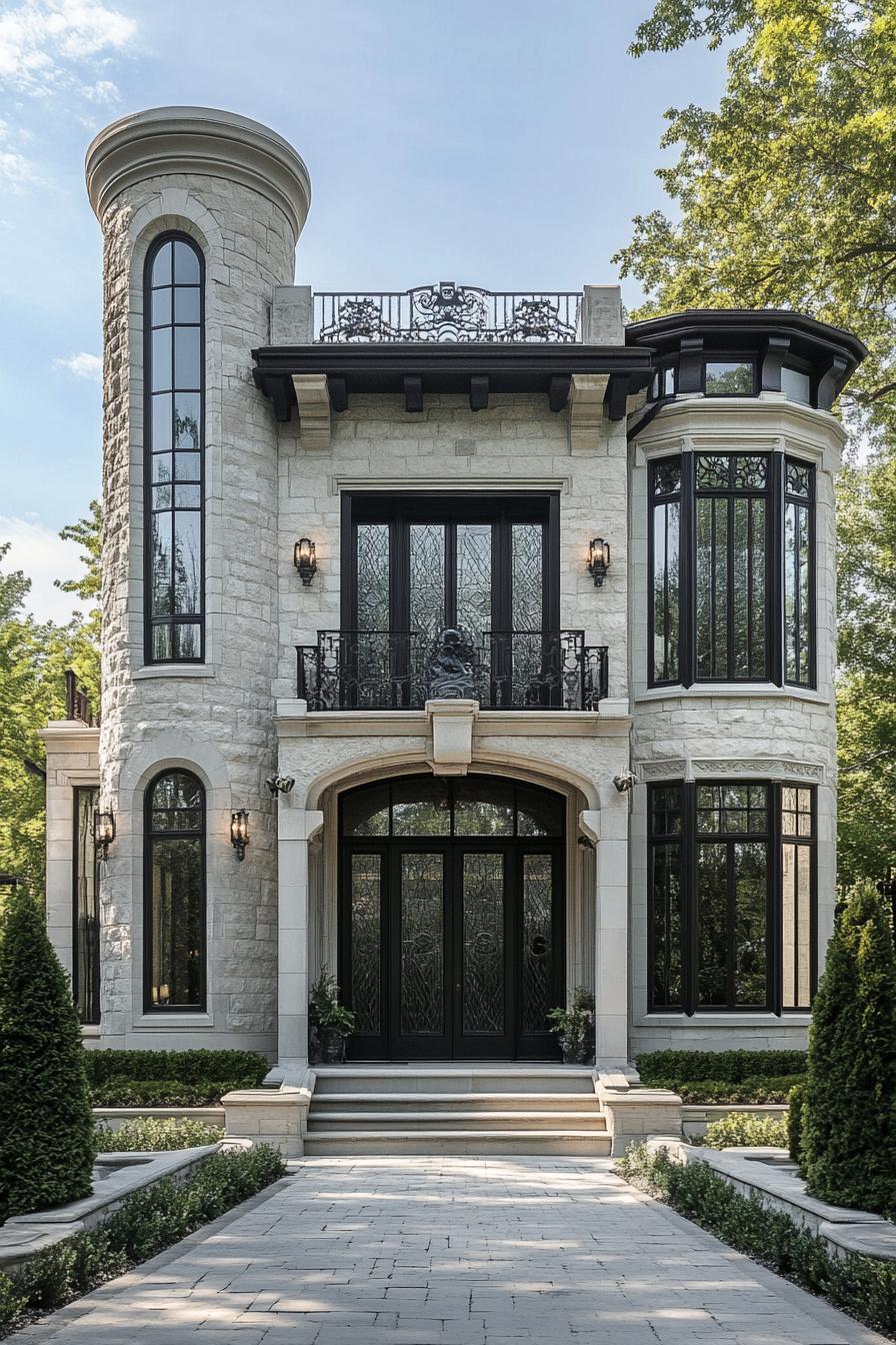 Elegant stone facade with distinct Art Deco features and towering windows