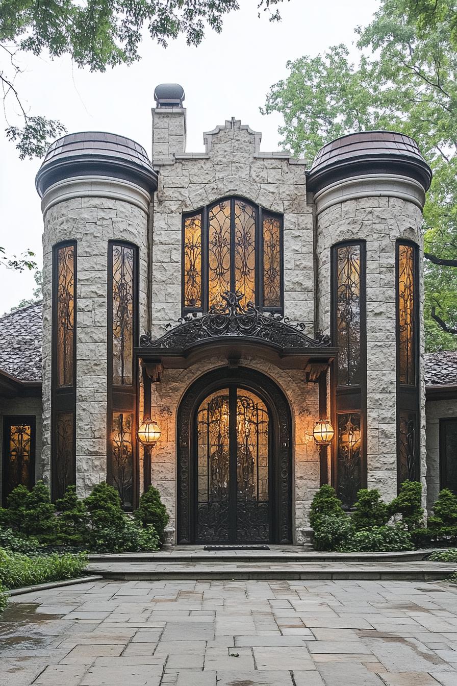 A stunning stone Art Deco house with turrets and ornate ironwork