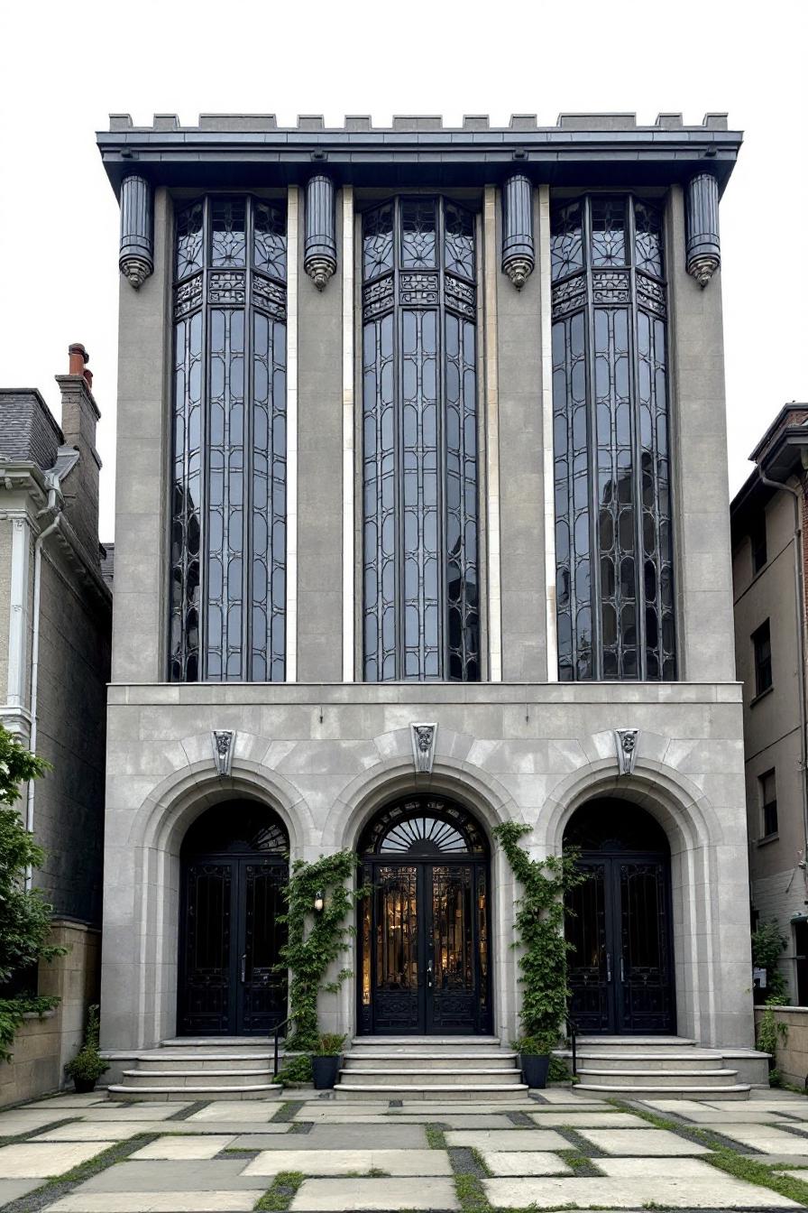 Tall windows and stone facade with elegant arches