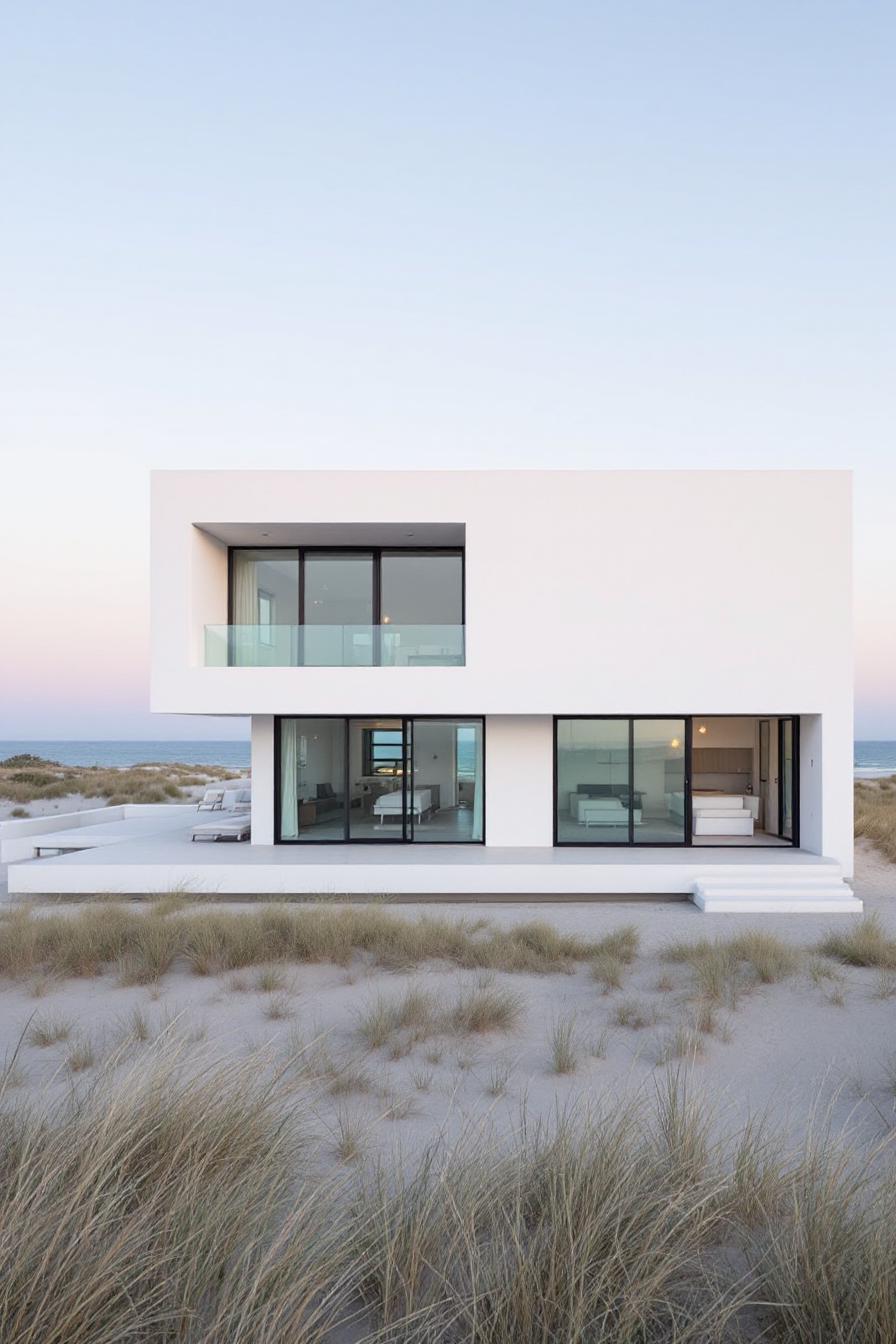 Modern beachfront home with sleek design, white facade, and large windows overlooking the ocean