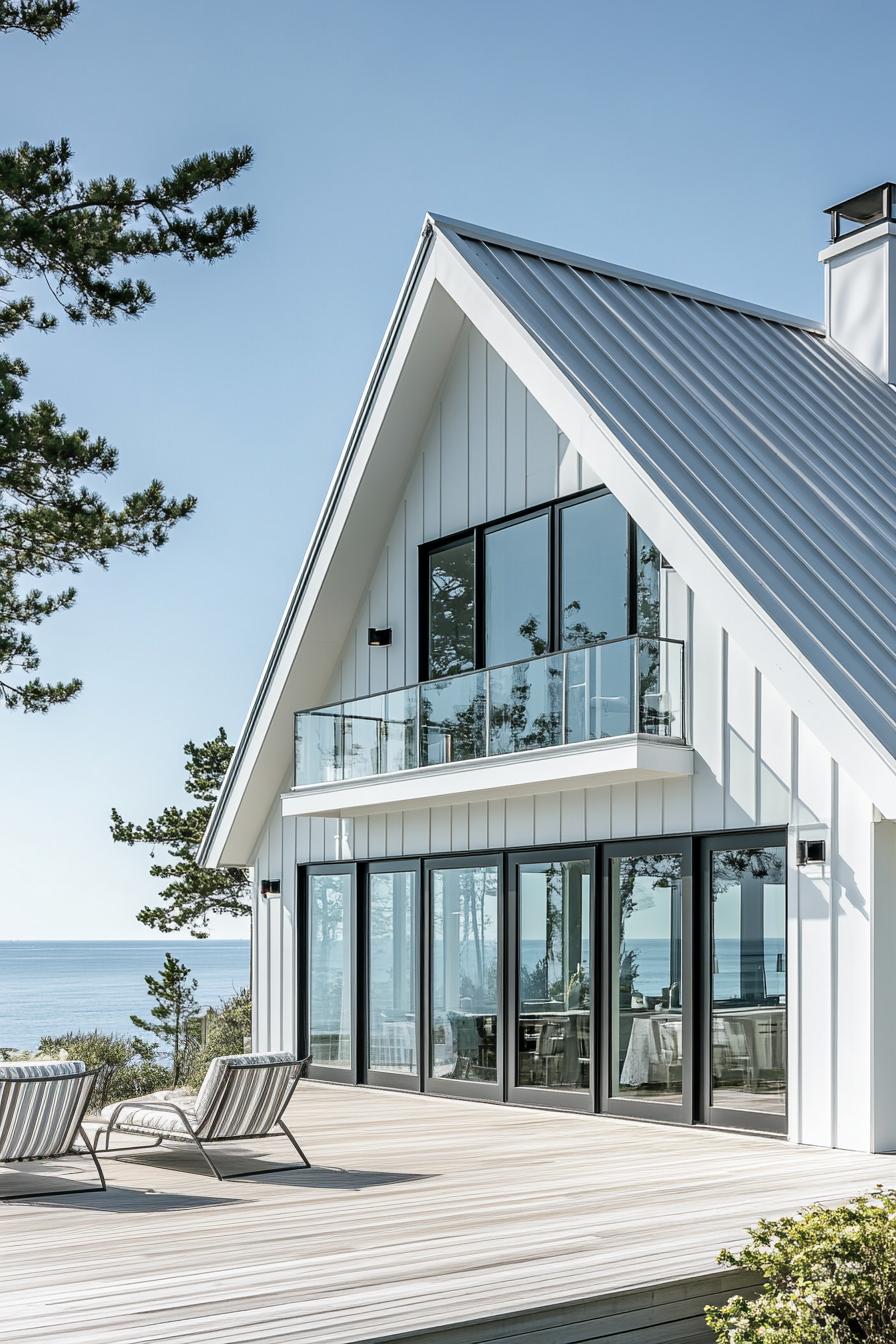 Modern coastal house with large windows and deck