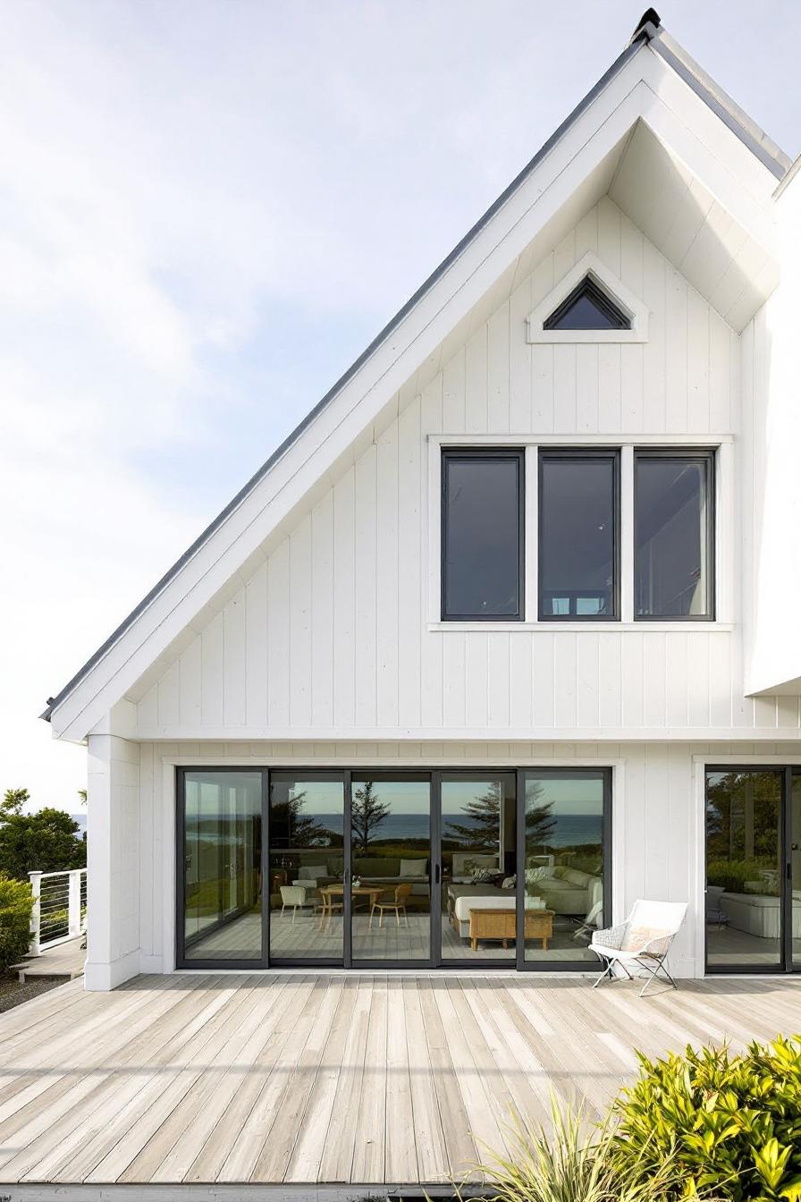 White coastal house with large windows and patio