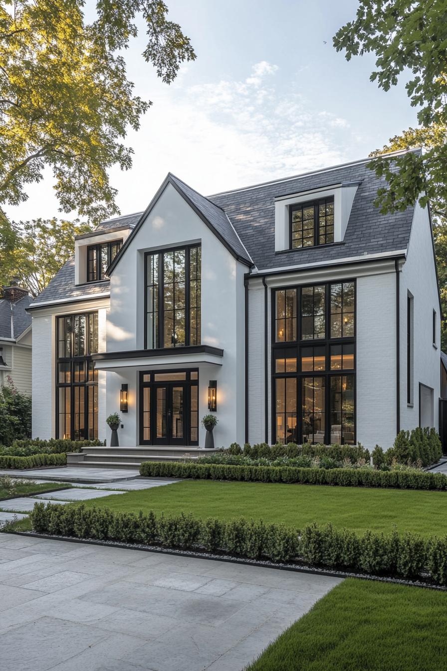 A gabled house with grand windows and lush greenery