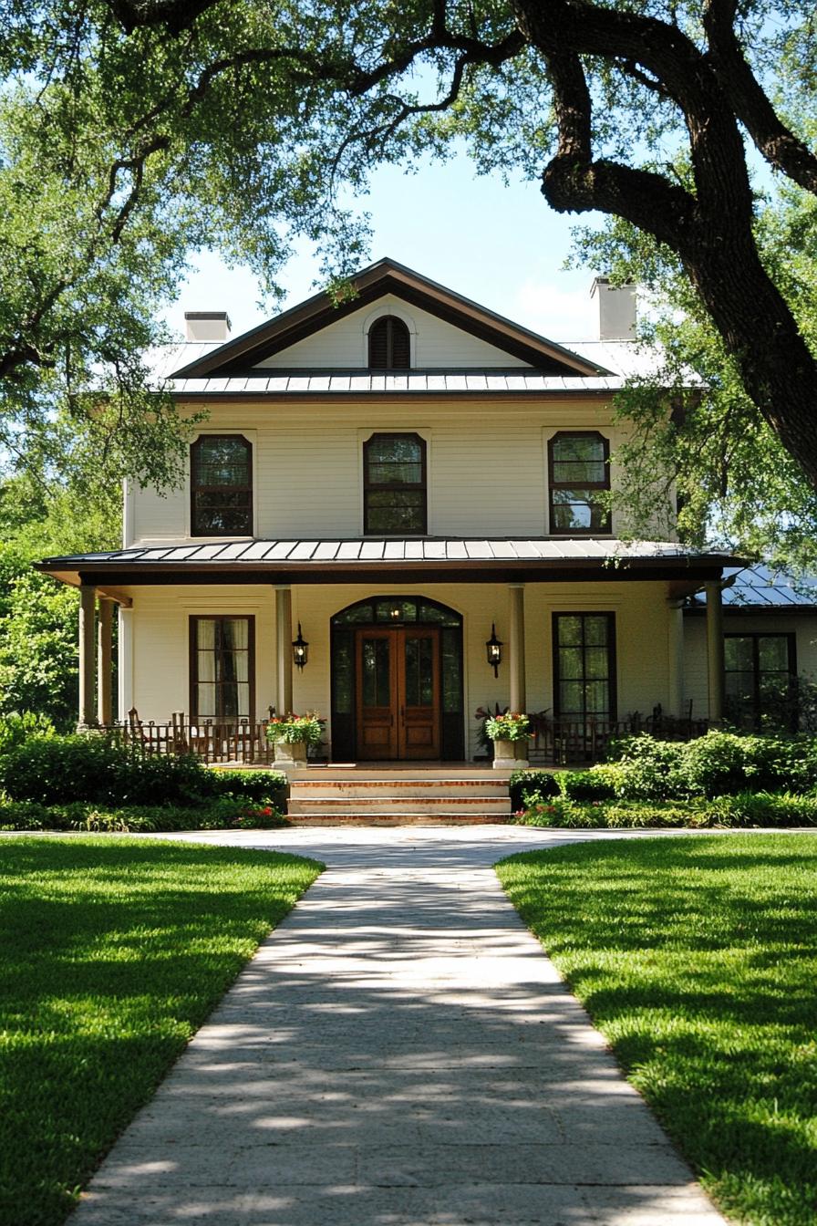 Classic Southern home with large trees and manicured lawn