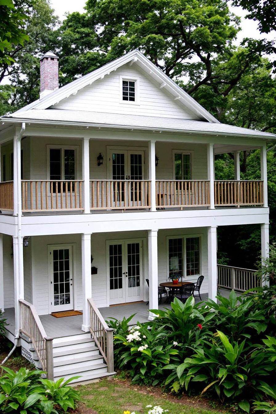 White cottage with a wooden porch and lush surroundings