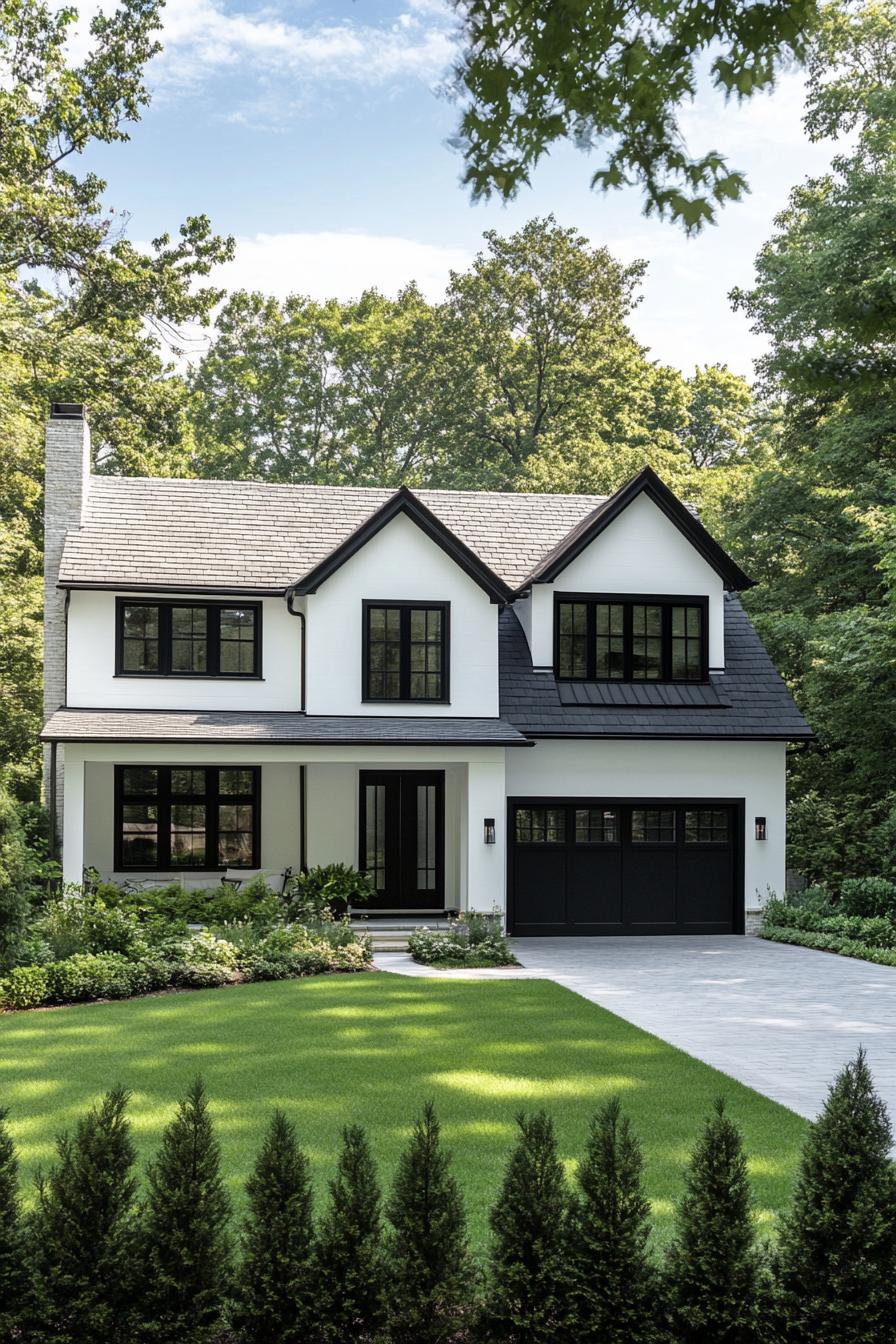 Charming white home with black window trim