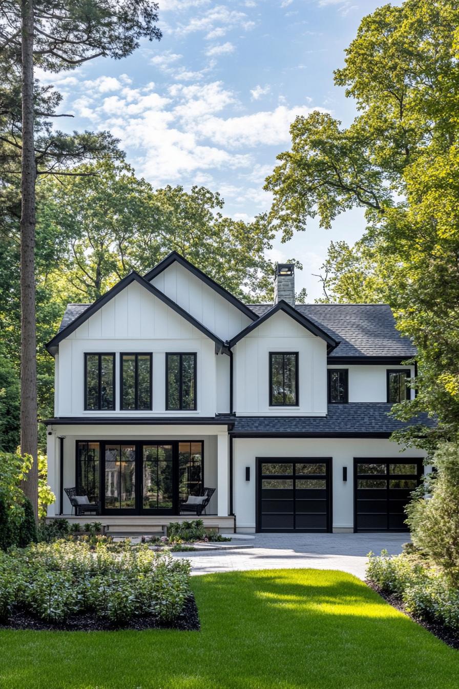 White house with bold black trim in a wooded setting