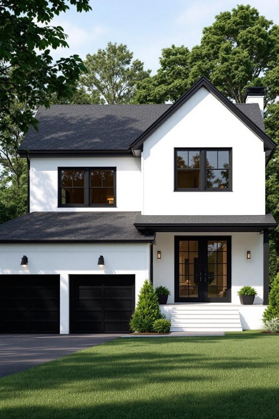 House with black accents framed by green foliage