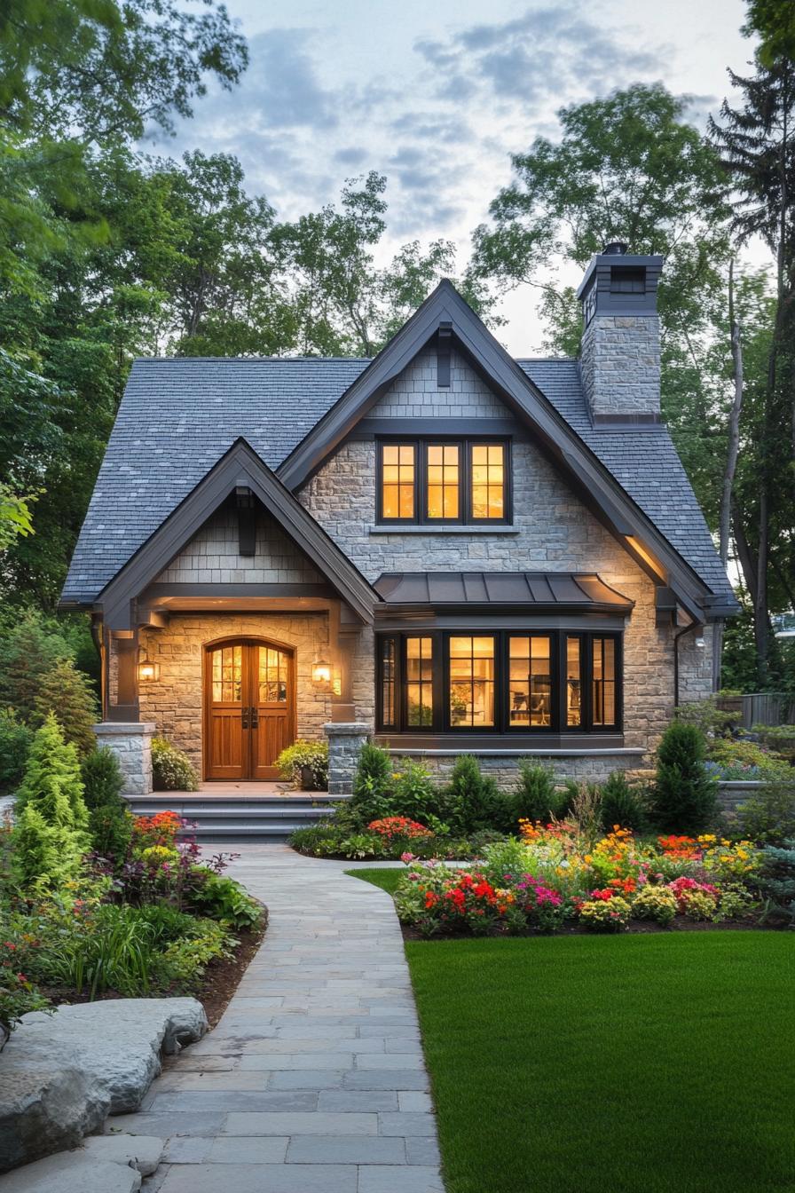 Quaint stone cottage with glowing windows and lush garden