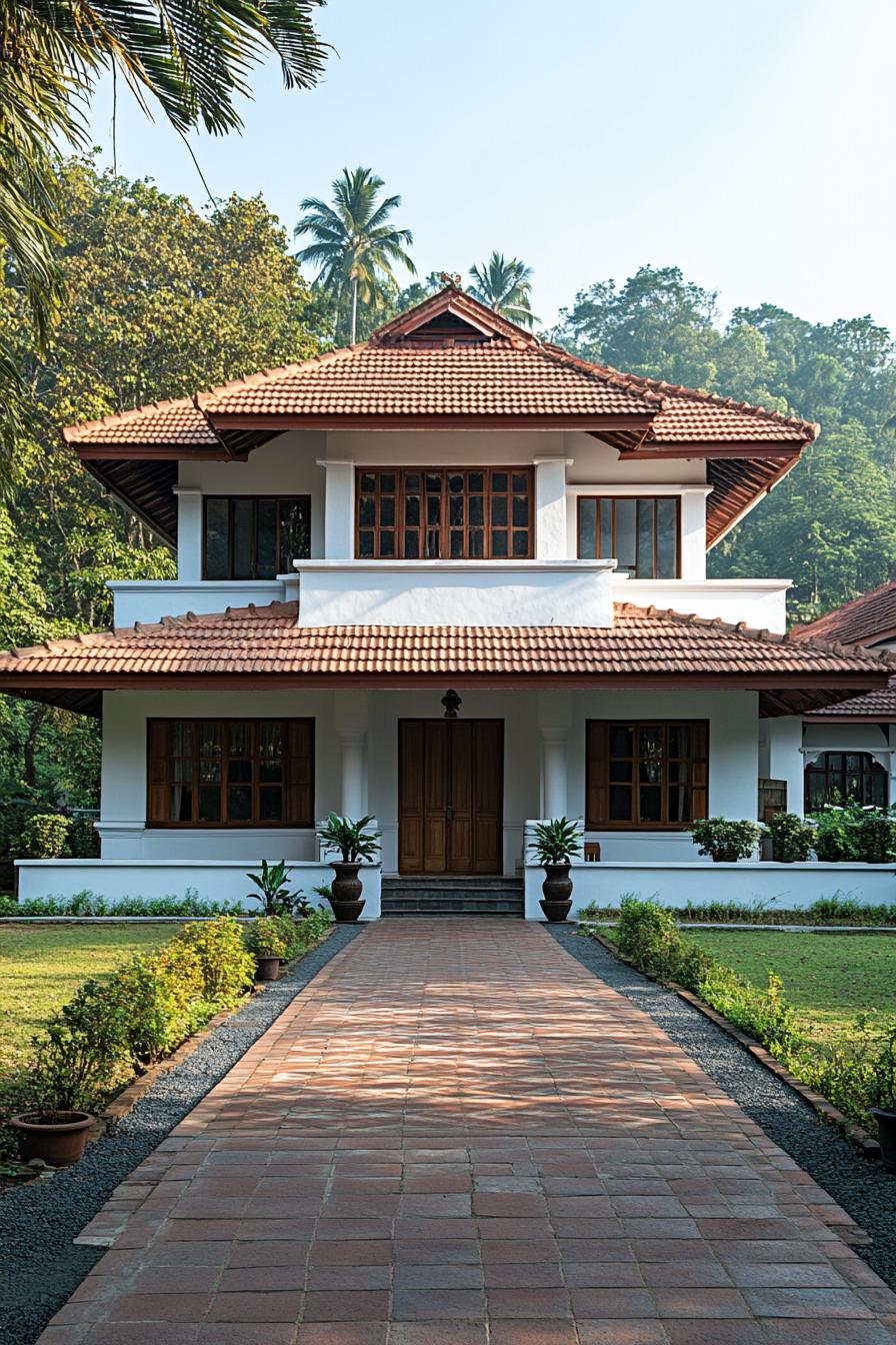 Charming white house with tiled roof and lush surroundings