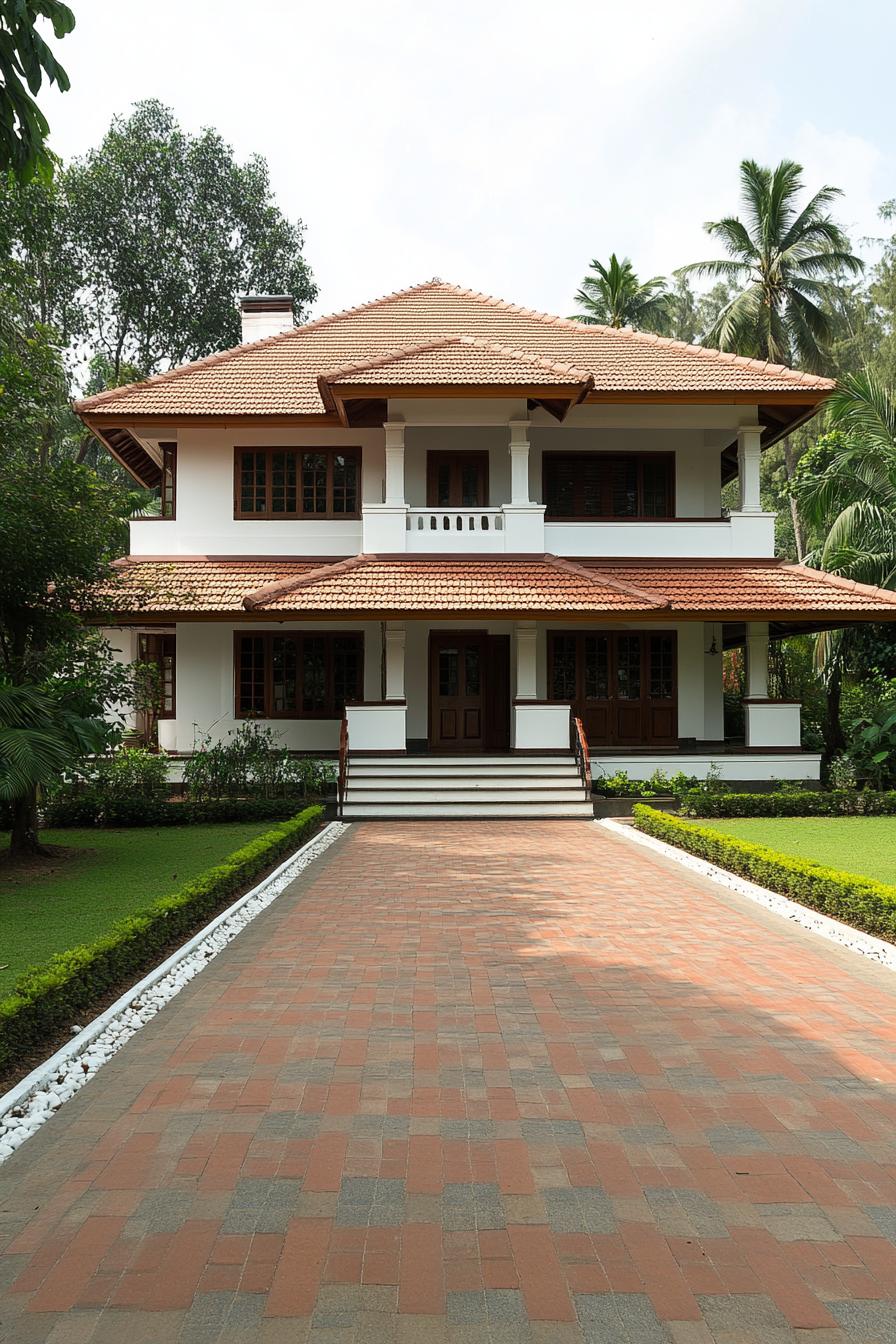 Elegant white Kerala house with a terracotta-tile roof