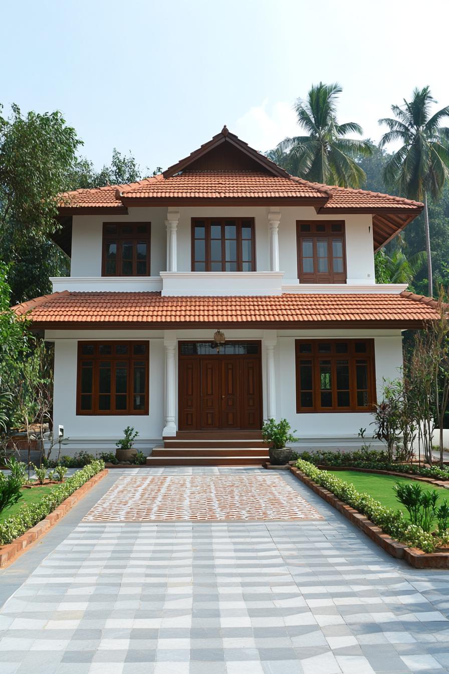 Two-story white house with red-tiled roof and garden in front