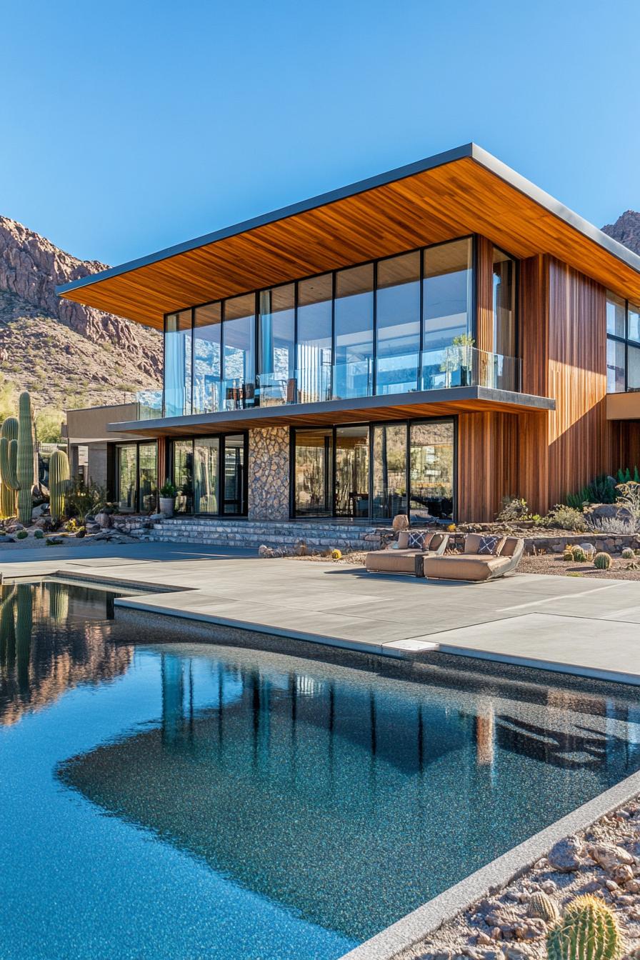 Wood and glass house with a pool in a desert landscape