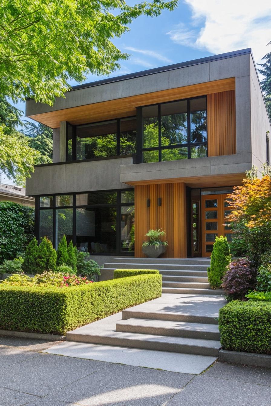 Modern house with a concrete facade, large windows, and lush greenery