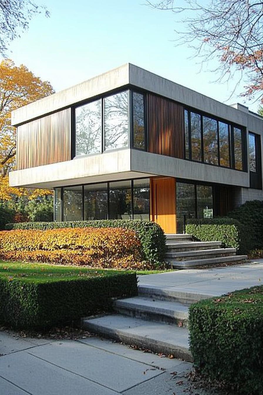 Modern minimalist house surrounded by autumn foliage